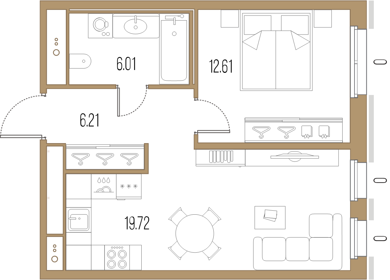 2-комнатная (Евро) квартира, 44.55 м² в ЖК "Большой Сампсониевский, 32" - планировка, фото №1