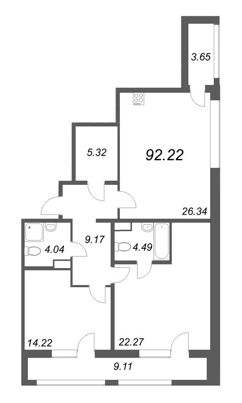 3-комнатная (Евро) квартира, 92.22 м² - планировка, фото №1