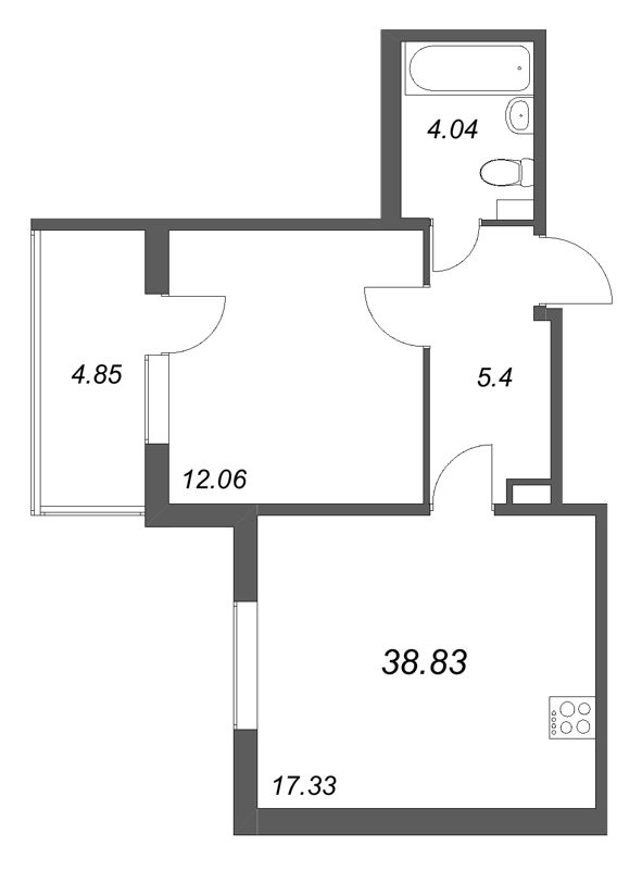 2-комнатная (Евро) квартира, 38.83 м² в ЖК "Любоград" - планировка, фото №1
