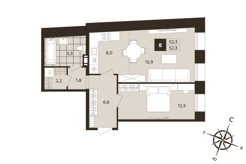 2-комнатная (Евро) квартира, 52.3 м² в ЖК "Дом на Бронницкой" - планировка, фото №1