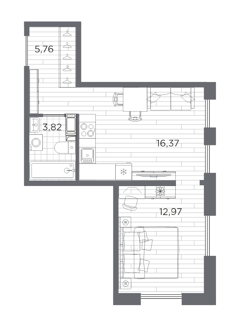 2-комнатная (Евро) квартира, 38.92 м² в ЖК "Сезоны" - планировка, фото №1