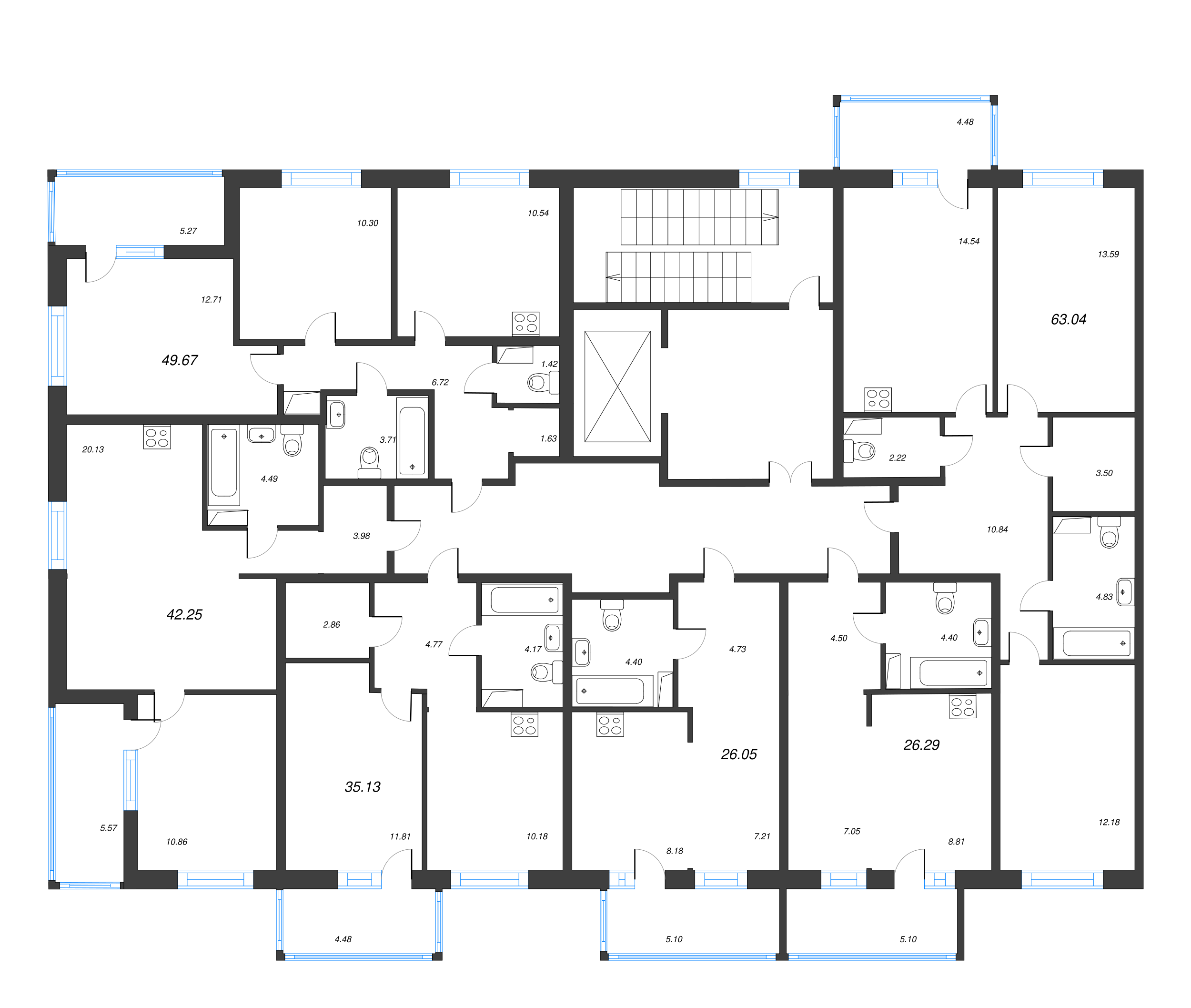 2-комнатная (Евро) квартира, 45.03 м² - планировка этажа