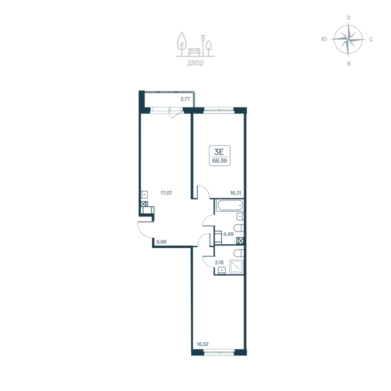 3-комнатная (Евро) квартира, 68.36 м² в ЖК "Расцветай в Янино" - планировка, фото №1