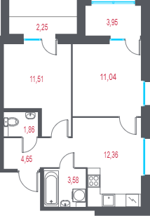 2-комнатная квартира, 46.87 м² в ЖК "Город-спутник Южный" - планировка, фото №1