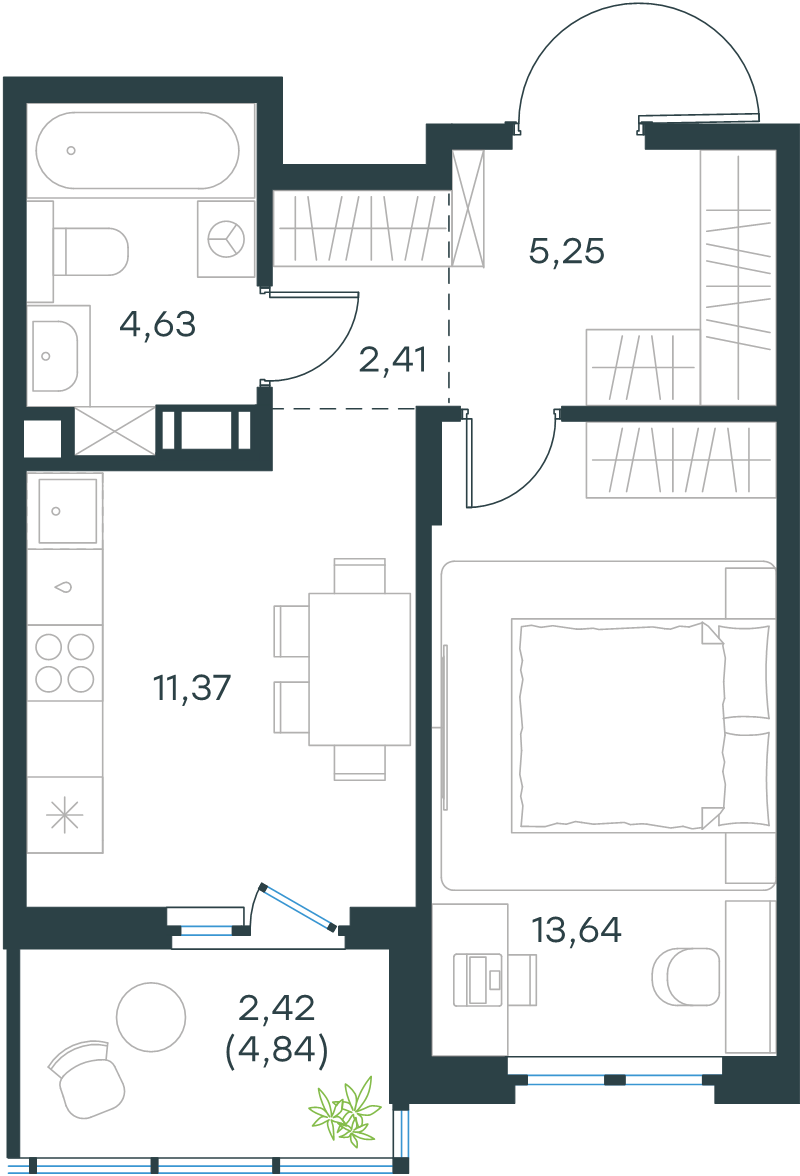 1-комнатная квартира, 39.5 м² в ЖК "Левел Мечникова" - планировка, фото №1