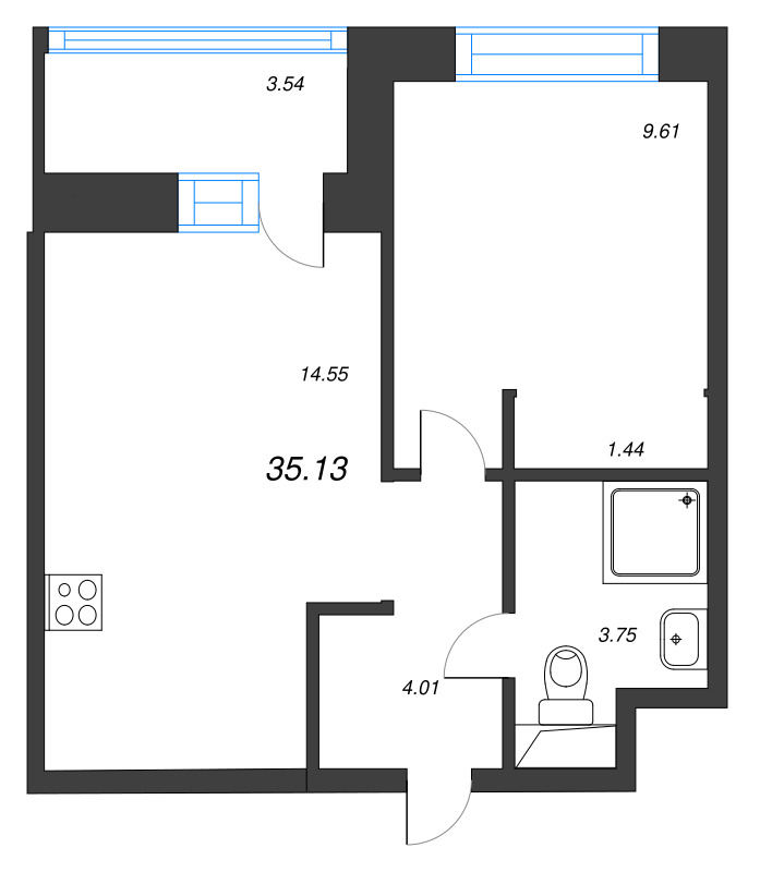 1-комнатная квартира, 35.13 м² в ЖК "Уютный" - планировка, фото №1