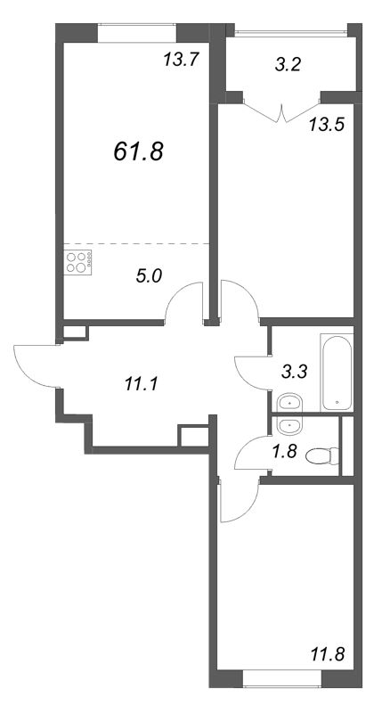 3-комнатная (Евро) квартира, 61.8 м² в ЖК "Пулково Lake" - планировка, фото №1