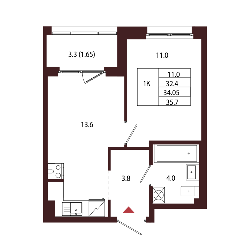 1-комнатная квартира, 34.05 м² в ЖК "Лисино" - планировка, фото №1