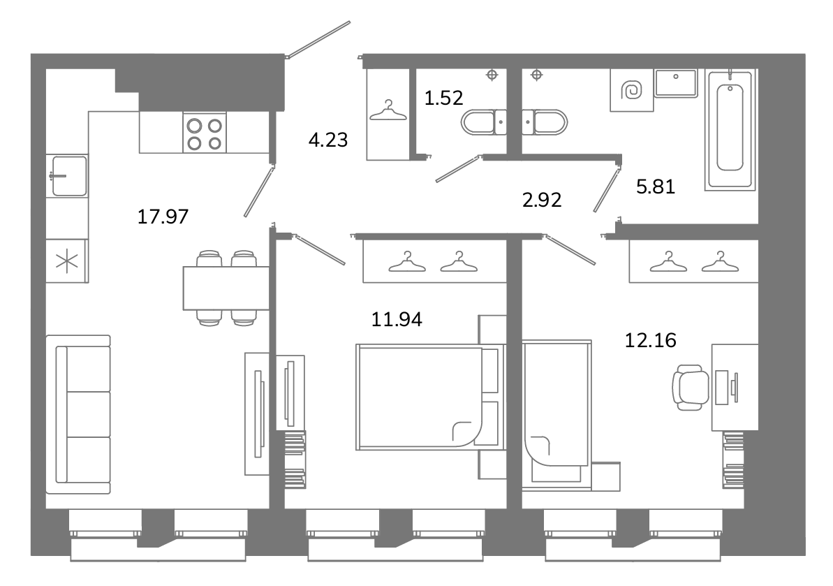3-комнатная (Евро) квартира, 56.55 м² в ЖК "Твой космос" - планировка, фото №1