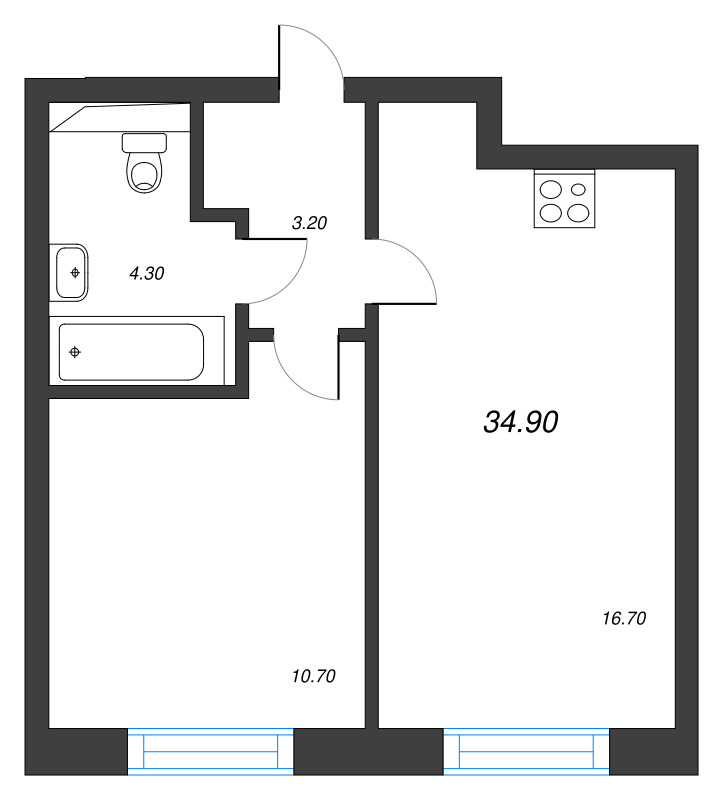 2-комнатная (Евро) квартира, 34.9 м² в ЖК "Большая Охта" - планировка, фото №1