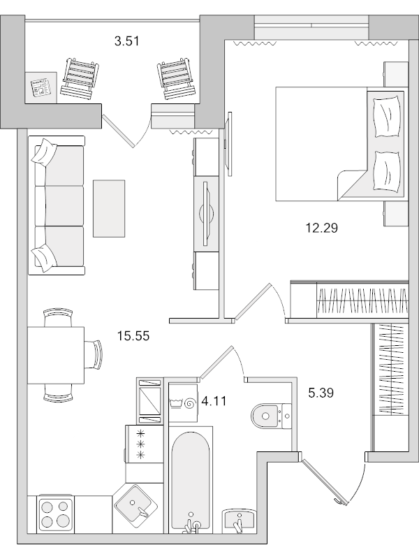 2-комнатная (Евро) квартира, 40.85 м² в ЖК "Dreamline" - планировка, фото №1