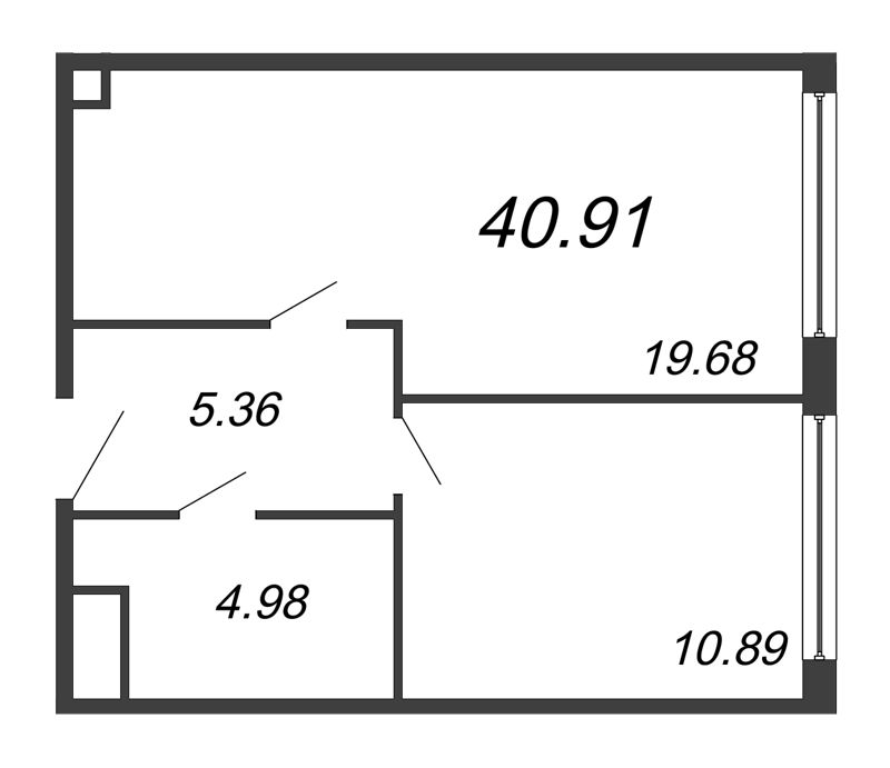 2-комнатная (Евро) квартира, 40.91 м² - планировка, фото №1