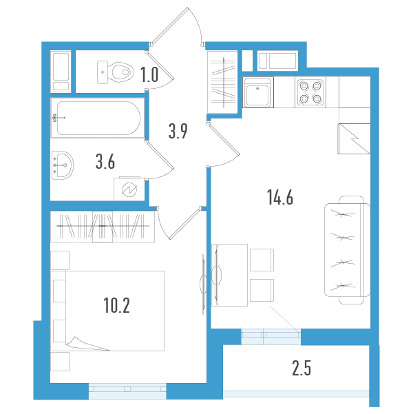 1-комнатная квартира, 34.6 м² - планировка, фото №1