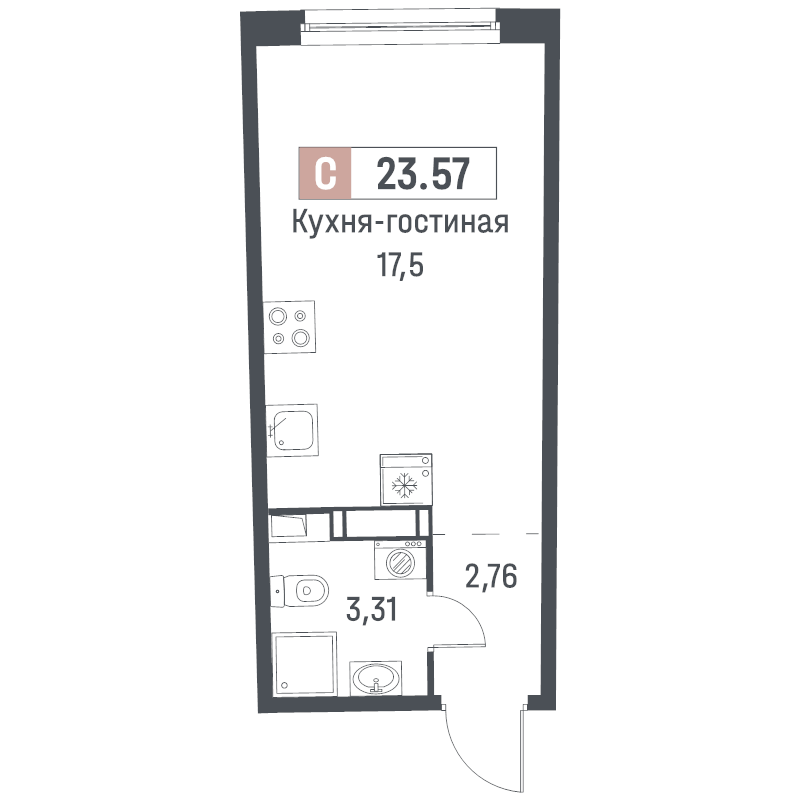 Квартира-студия, 23.57 м² в ЖК "Авиатор" - планировка, фото №1
