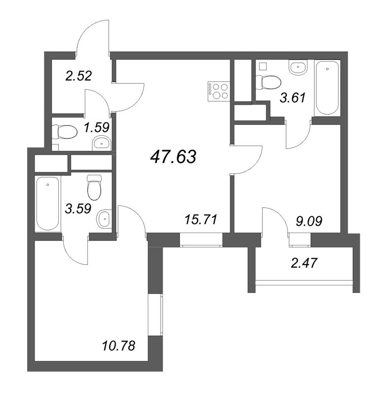 3-комнатная (Евро) квартира, 47.63 м² в ЖК "Южный форт" - планировка, фото №1