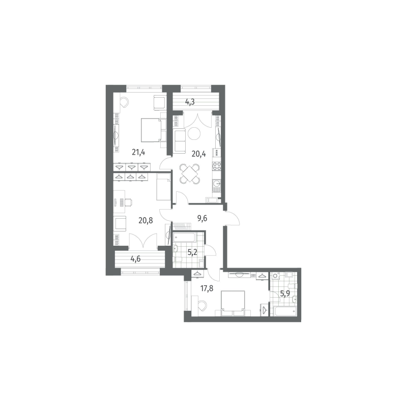 4-комнатная (Евро) квартира, 105.6 м² в ЖК "Наука" - планировка, фото №1