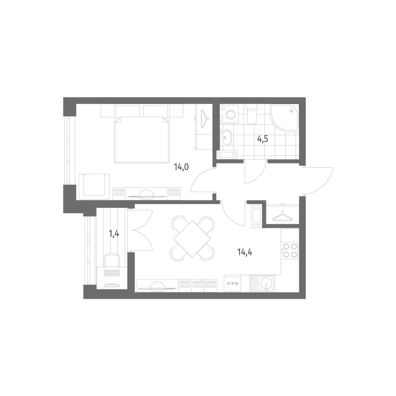 1-комнатная квартира, 38.5 м² - планировка, фото №1