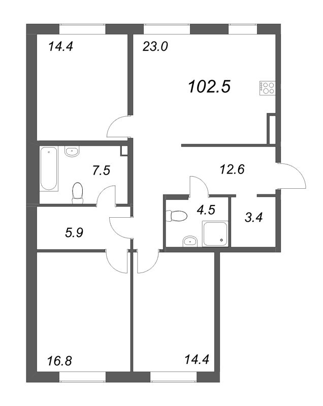 4-комнатная (Евро) квартира, 102.5 м² в ЖК "Визионер" - планировка, фото №1