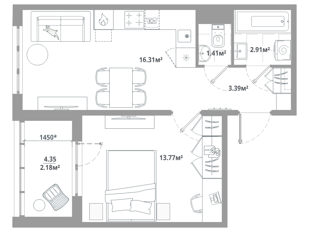 2-комнатная (Евро) квартира, 39.89 м² в ЖК "ЛесArt" - планировка, фото №1