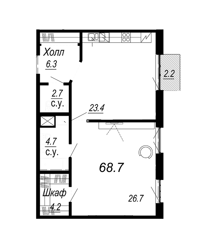 2-комнатная (Евро) квартира, 68.6 м² - планировка, фото №1