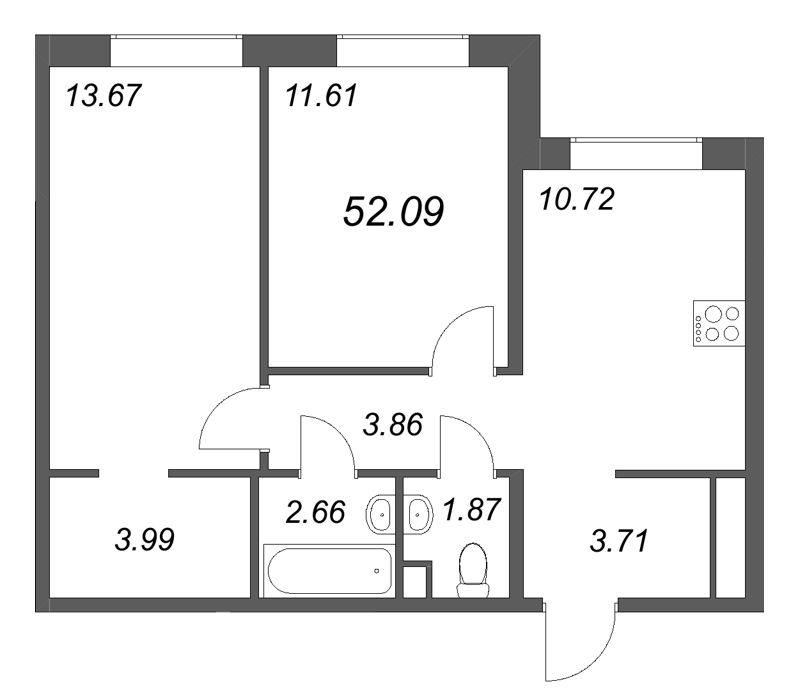2-комнатная квартира, 52.09 м² в ЖК "Тишин" - планировка, фото №1