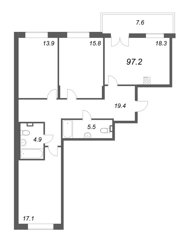 4-комнатная (Евро) квартира, 97.2 м² - планировка, фото №1