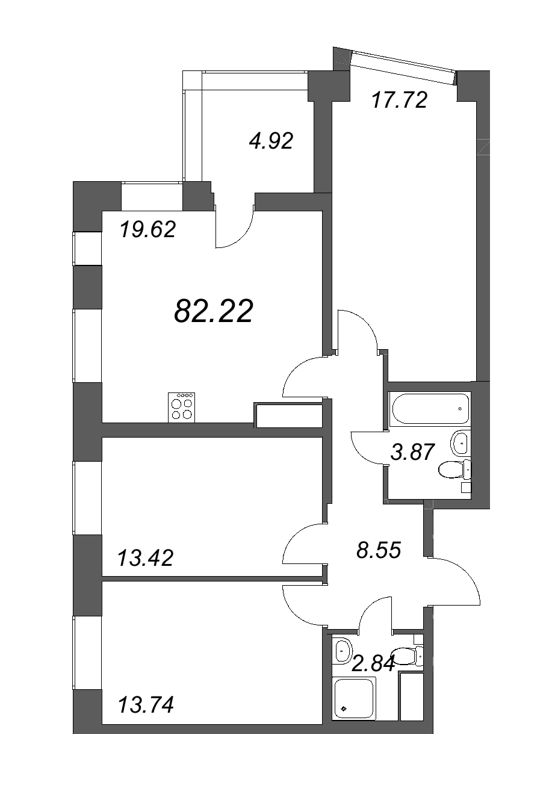 4-комнатная (Евро) квартира, 82.22 м² - планировка, фото №1