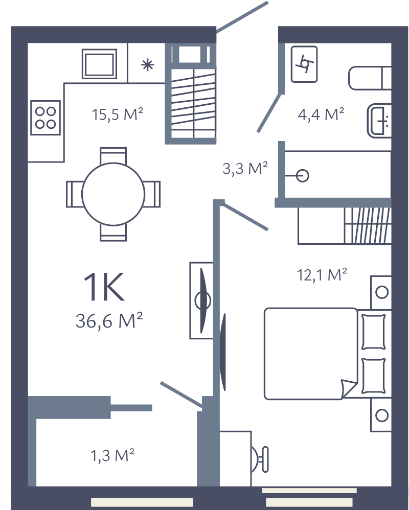 2-комнатная (Евро) квартира, 36.6 м² в ЖК "Лендлер" - планировка, фото №1