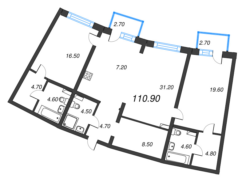 3-комнатная (Евро) квартира, 110.9 м² в ЖК "Цвет Зеленогорска" - планировка, фото №1