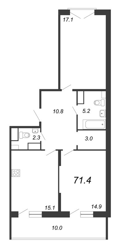 2-комнатная квартира, 73 м² - планировка, фото №1