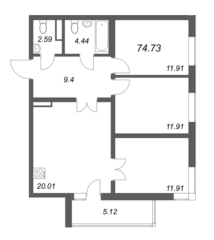 4-комнатная (Евро) квартира, 74.73 м² - планировка, фото №1