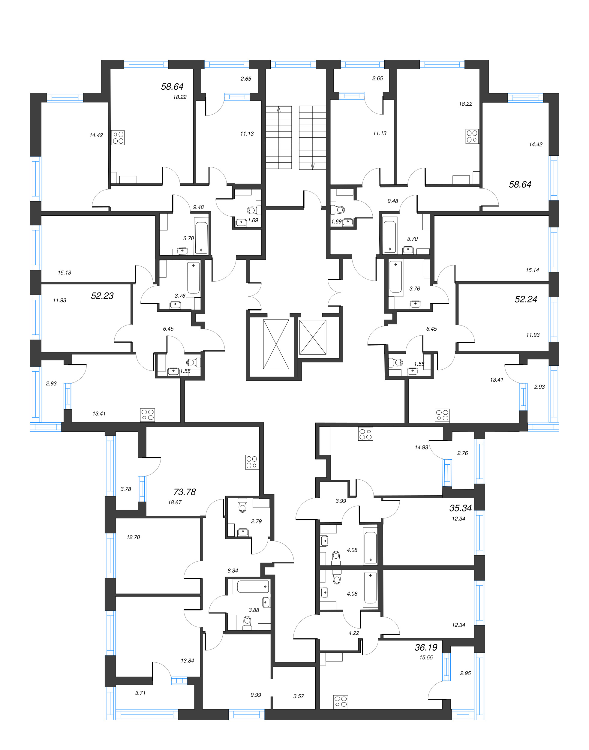 3-комнатная (Евро) квартира, 58.64 м² - планировка этажа