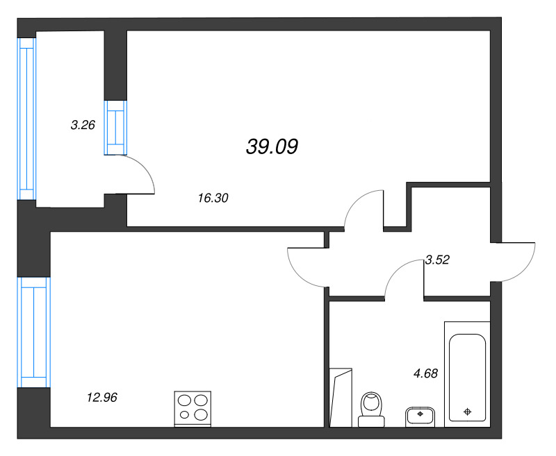 1-комнатная квартира, 39.09 м² в ЖК "Аквилон Leaves" - планировка, фото №1
