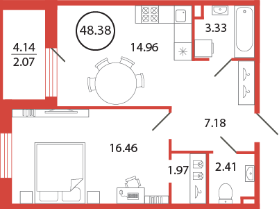 1-комнатная квартира, 48.38 м² в ЖК "Энфилд" - планировка, фото №1