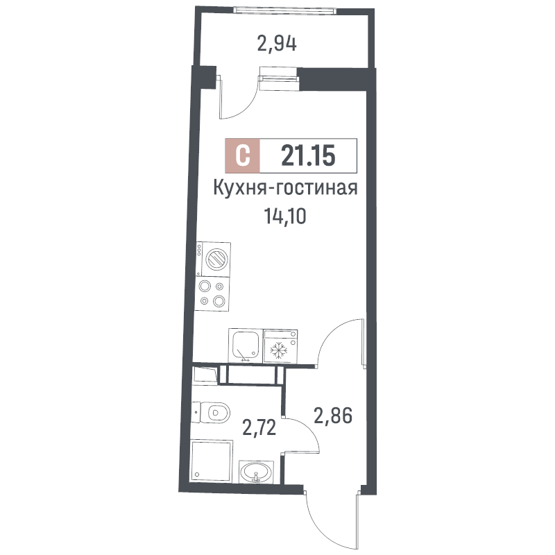 Квартира-студия, 21.15 м² в ЖК "Авиатор" - планировка, фото №1