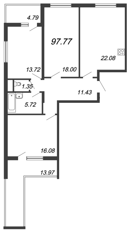 4-комнатная (Евро) квартира, 96.5 м² - планировка, фото №1