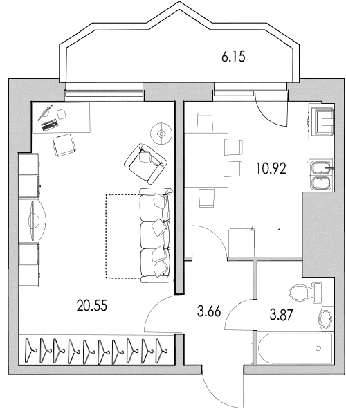 1-комнатная квартира, 46.7 м² в ЖК "Байрон" - планировка, фото №1