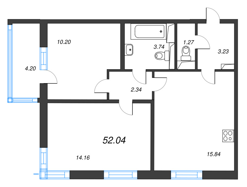 3-комнатная (Евро) квартира, 52.04 м² в ЖК "AEROCITY" - планировка, фото №1