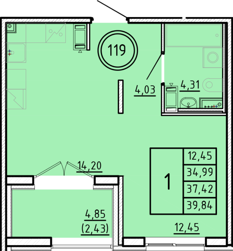1-комнатная квартира, 34.99 м² в ЖК "Образцовый квартал 16" - планировка, фото №1
