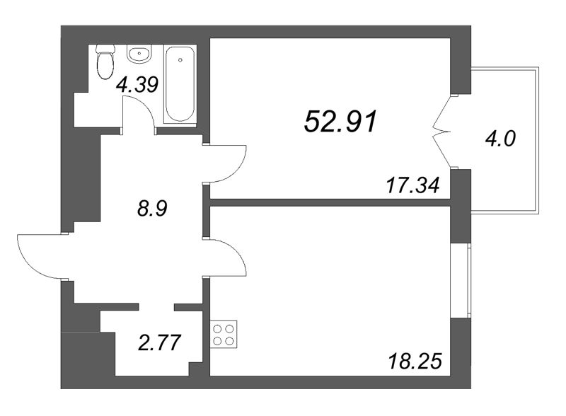 2-комнатная (Евро) квартира, 52.91 м² в ЖК "Фонтанка 130" - планировка, фото №1