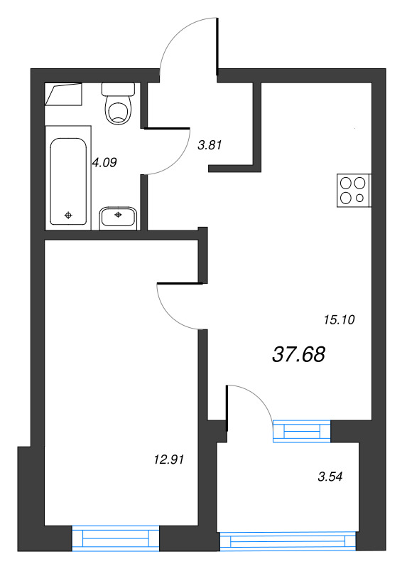 2-комнатная (Евро) квартира, 37.68 м² в ЖК "Тишин" - планировка, фото №1