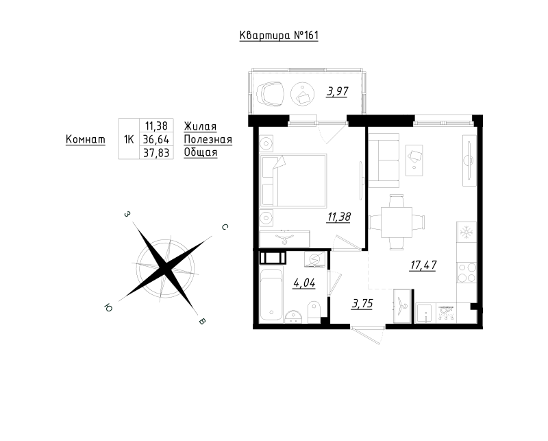 2-комнатная (Евро) квартира, 37.57 м² в ЖК "Счастье 2.0" - планировка, фото №1