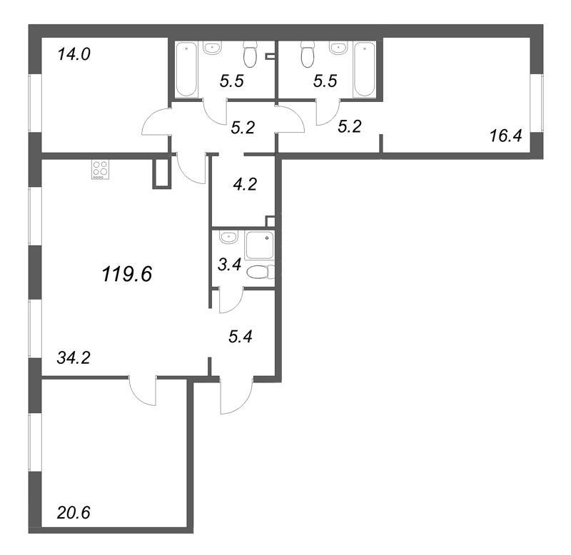 4-комнатная (Евро) квартира, 119.6 м² в ЖК "Визионер" - планировка, фото №1