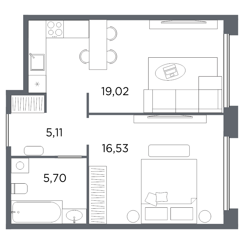 2-комнатная (Евро) квартира, 46.36 м² в ЖК "Акватория" - планировка, фото №1