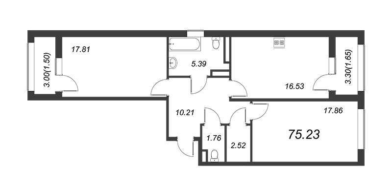 3-комнатная (Евро) квартира, 75.7 м² - планировка, фото №1