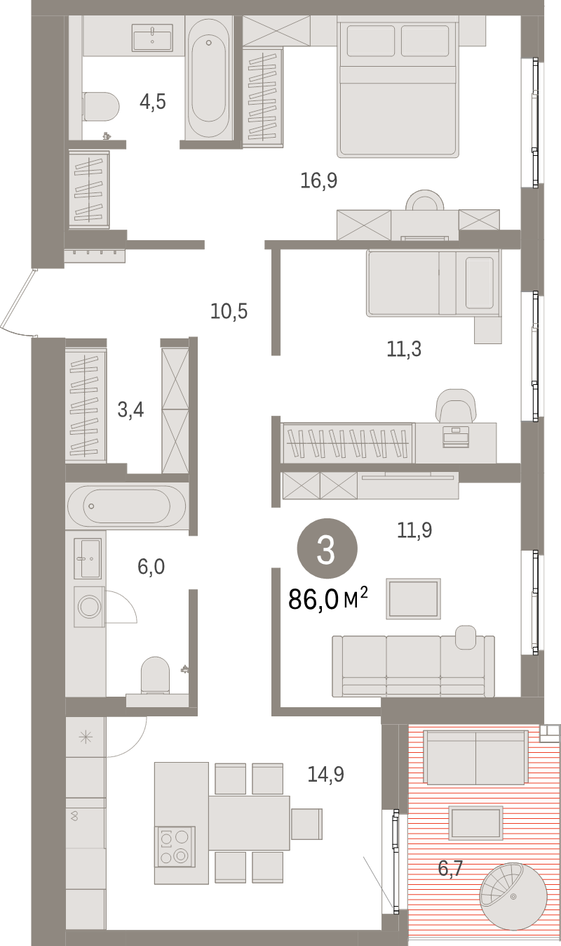3-комнатная квартира, 86 м² в ЖК "Брусника в Новоселье" - планировка, фото №1