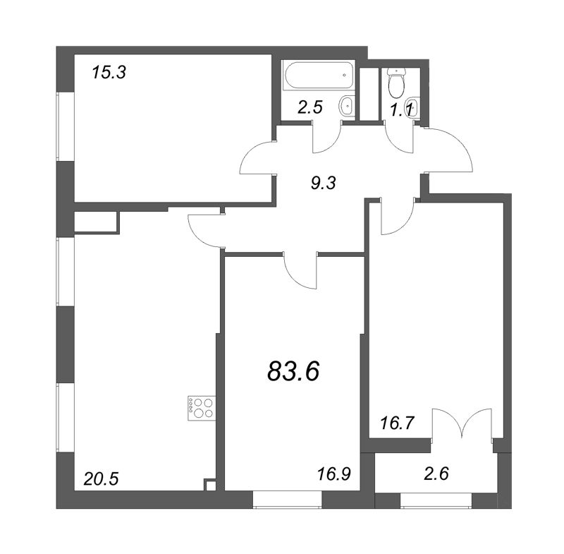 4-комнатная (Евро) квартира, 82.6 м² в ЖК "Цивилизация на неве" - планировка, фото №1