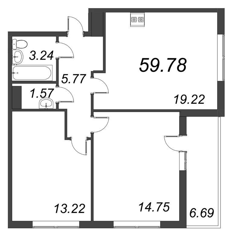 3-комнатная (Евро) квартира, 59.78 м² в ЖК "Bereg. Курортный" - планировка, фото №1