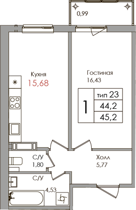 2-комнатная (Евро) квартира, 44.2 м² - планировка, фото №1