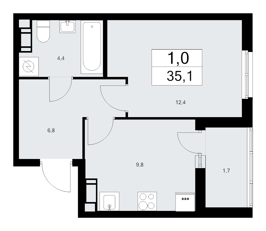 1-комнатная квартира, 35.1 м² в ЖК "А101 Лаголово" - планировка, фото №1